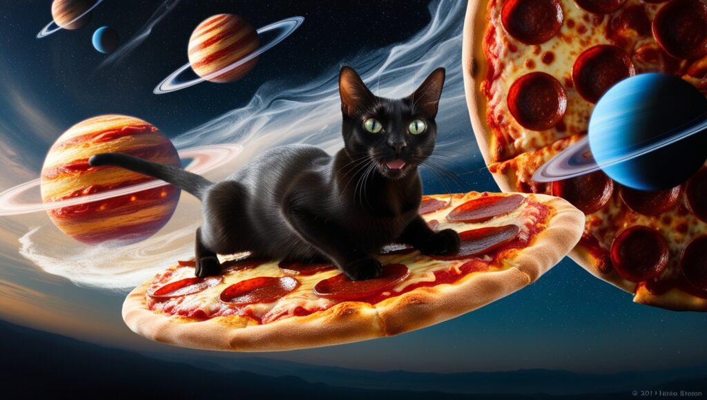 shirt with pizza and cat in space